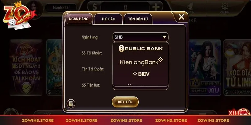 Zowin liên kết nhiều ngân hàng uy tín để rút tiền nhanh